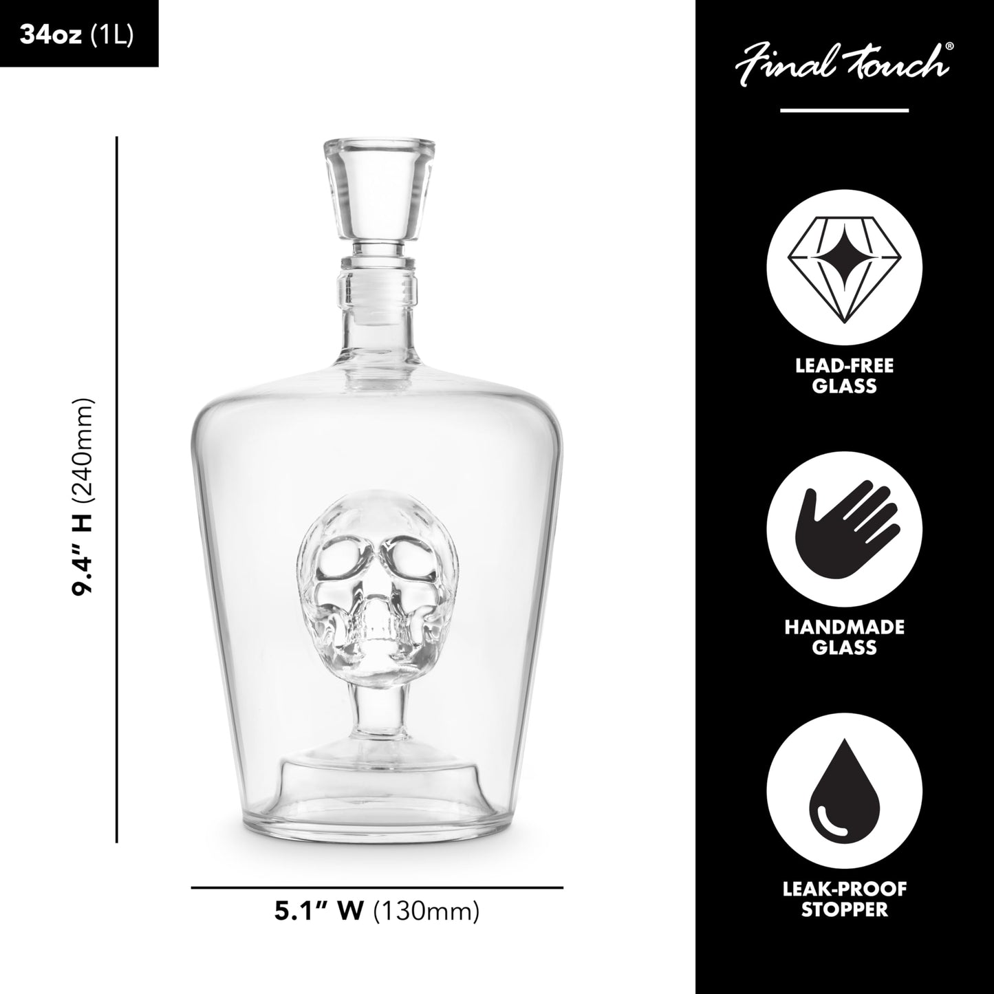 Final Touch Brain Freeze Skull Decanter - 34oz Handblown Glass with Intricate Skull Inside - Ideal for Halloween Decor, Themed Parties, Enhances Liquor Display with Freshness Seal
