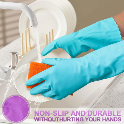 Elgood Reusable Washing up Gloves Latex Free Dishwashing Gloves with Cotton Lining, Non-Slip and Waterproof Cleaning Gloves for Kitchen 2 Pairs (Blue+Purple, M)