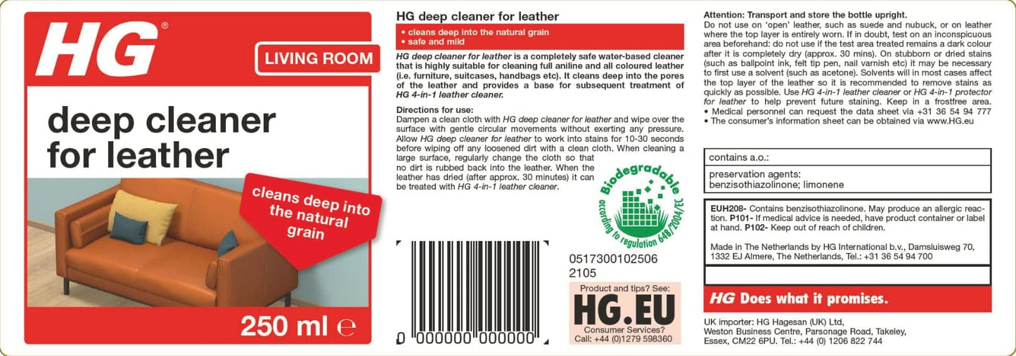 HG Deep Cleaner for Leather, Leather Cleaner & Faux Leather Cleaner, Safe & Mild for Coloured Leather, Water Based Bag, Boot, Jacket & Leather Sofa Cleaning Liquid - 250ml