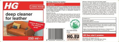 HG Deep Cleaner for Leather, Leather Cleaner & Faux Leather Cleaner, Safe & Mild for Coloured Leather, Water Based Bag, Boot, Jacket & Leather Sofa Cleaning Liquid - 250ml