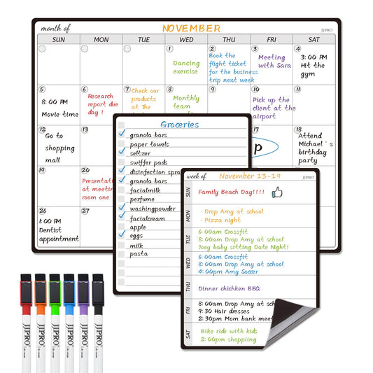 JJPRO Magnetic Monthly Calendar Whiteboard Set for Fridge-Monthly Planning Board and Two Bonus Dry Erase Grocery Board&Weekly Menu Board-Meal Planner Whiteboard/To-Do List-6 Markers