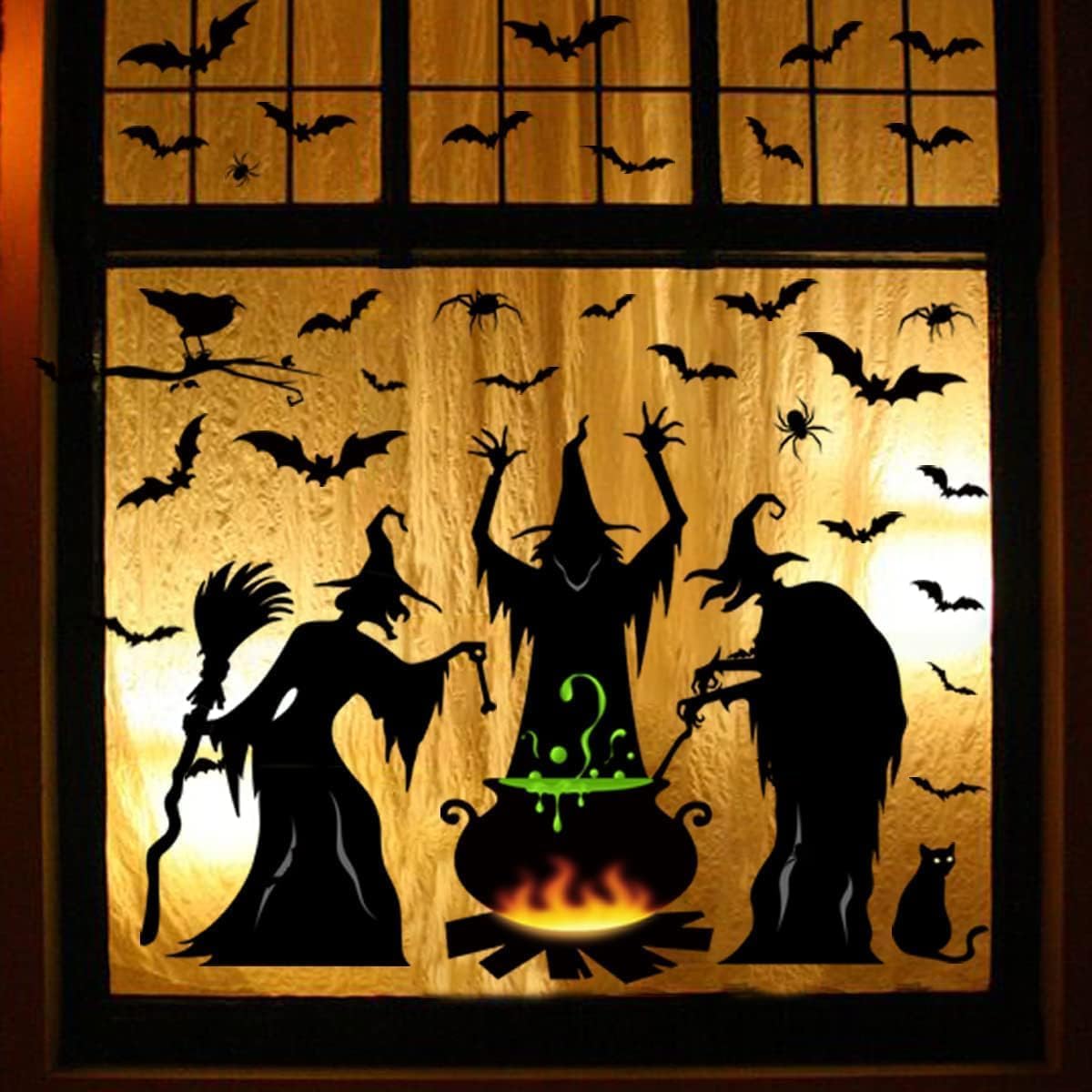 Bunny Chorus Halloween Decorations Window Clings Decor, Extra Large 3 Witches with Black Cat Bat Spider Cauldron Silhouette Halloween Window Stickers Indoor, School Home Office Party Supplies 4 Sheets