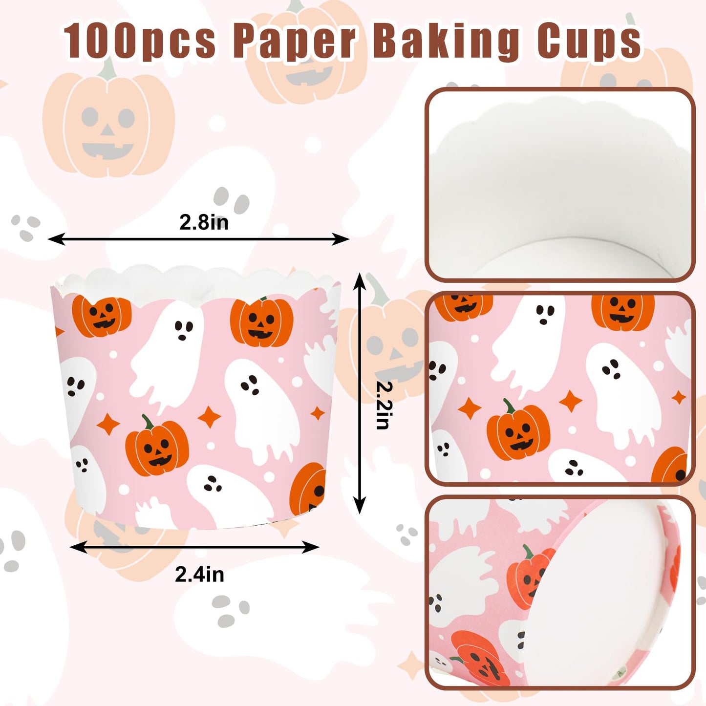 JarThenaAMCS 100Pcs Halloween Paper Baking Cups Pumpkin Ghost Cupcake Wrappers Orange Pink White Scalloped Edge Cupcake Muffin Cases for Halloween Dessert Decoration