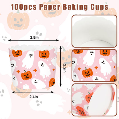 JarThenaAMCS 100Pcs Halloween Paper Baking Cups Pumpkin Ghost Cupcake Wrappers Orange Pink White Scalloped Edge Cupcake Muffin Cases for Halloween Dessert Decoration
