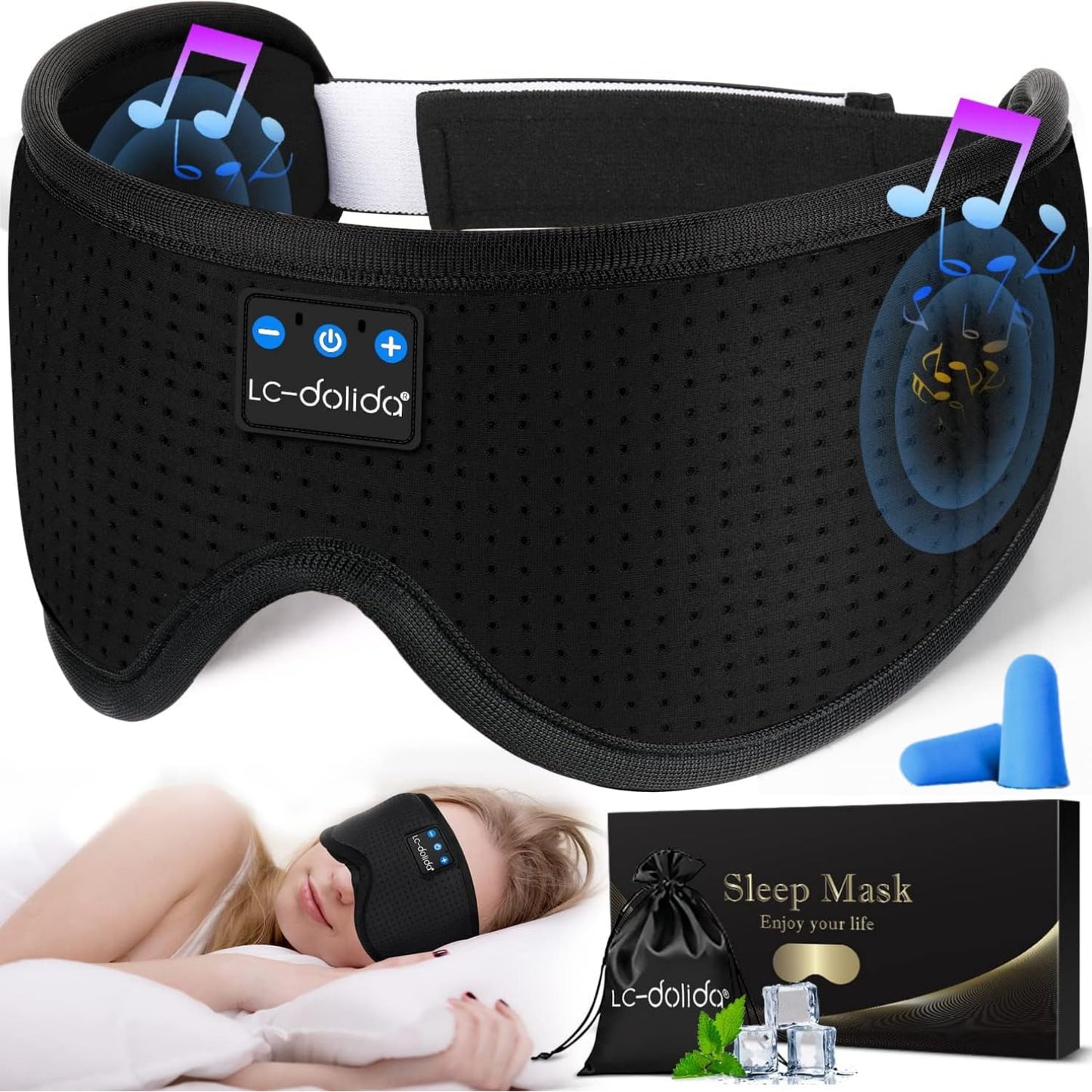 LC-dolida Bluetooth Sleep Mask Headphones,100% Blackout Sleeping Headphones Eye Mask for Sleeping with Travel Bag,Eye mask with Bluetooth Earphones for Travel,Nap Sleeping,Shift Work