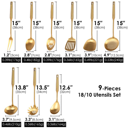 Gold Kitchen Utensils Set - 18/10 Stainless Steel Cooking Tools, 15" All Metal Serving Utensils with Fork, Solid/Slotted Spoon, Spatula, Ladle, Skimmer, Tunner, Pasta Spoon, Large Spoon, Set of 9