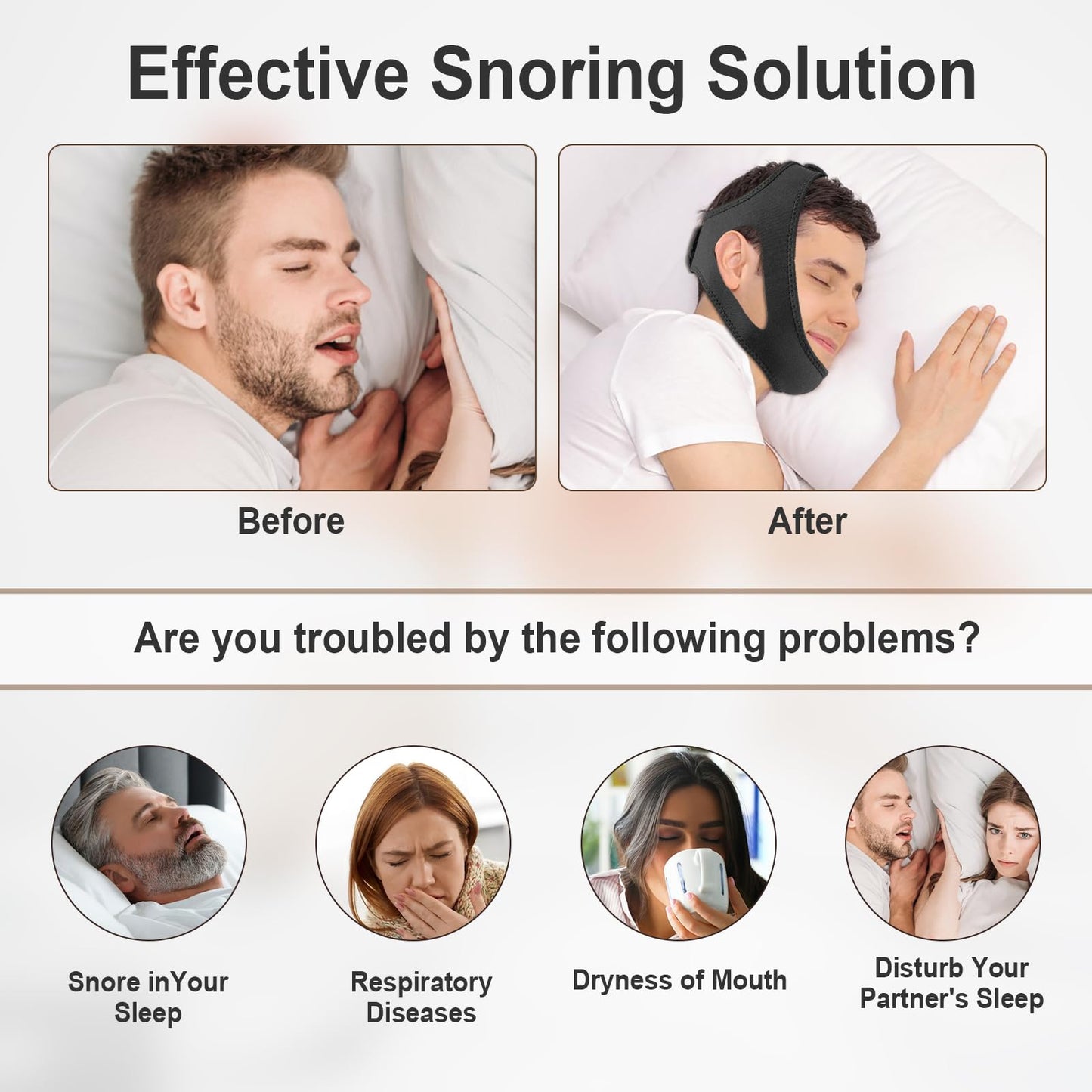 Chin Strap for Sleeping, Chin Strap for Snoring, Adjustable and Breathable Anti Snoring Devices, Anti Snoring Chin Strap for Men and Women to Stop Snoring, Skin-Friendly Comfortable Sleeping -Black