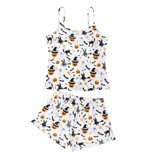 Halloween Pajamas for Women Pumpkin Print Cami Top and Shorts Goth Pj Set Two Piece Sexy Pajama Set Black Sleep Set White Sleepwear Halloween Witch Pumpkin L
