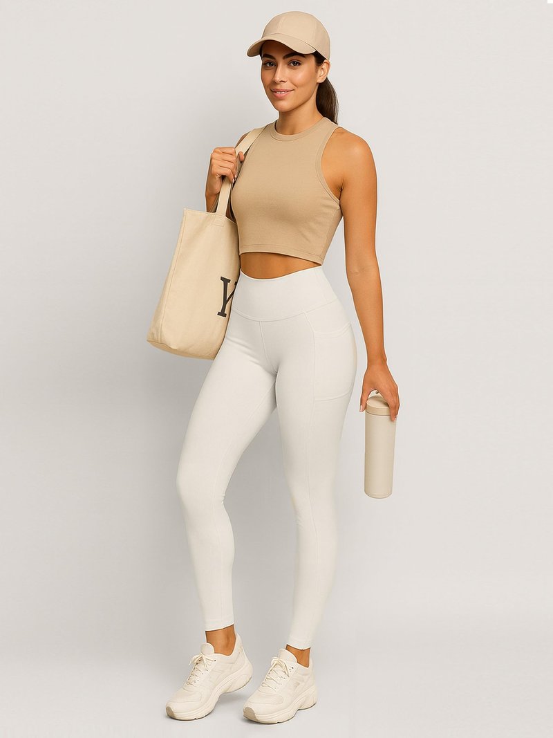 Conceited Leggings with Pockets for Women Tummy Control - High Waist - Pockets - Workout - Yoga - ⅞ - Off White - Large