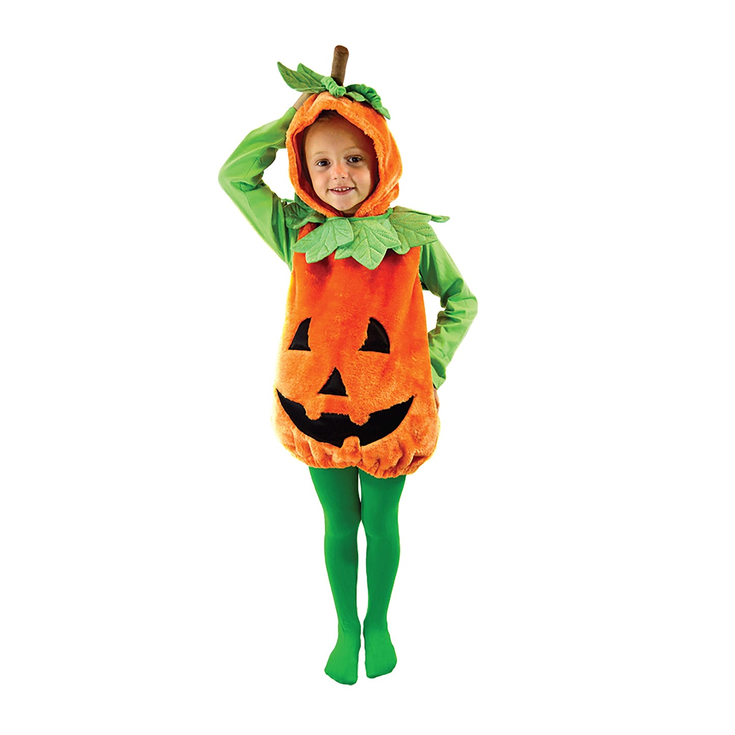 Spooktacular Creations Deluxe Pumpkin Costume with Plush Green leaves for Toddler, Kids Halloween Dress Up, Pumpkin Themed Party (3T)