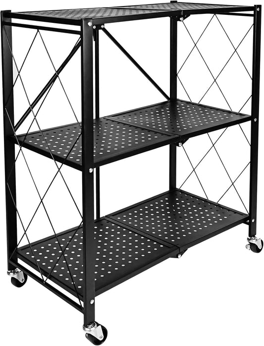 Kitchen Garage Metal Shelves, Storage Shelves Organizer, Foldable Metal Shelving, Closet Shelving Unit, 28" W x 14" D x 34" H Bakers Rack Microwave Stand, Plant Stand with Wheels (3-Tier Shelf)