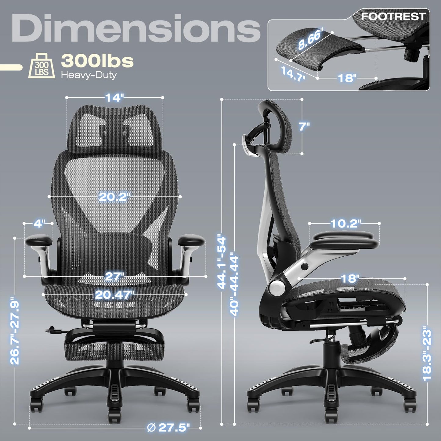 ELABEST X100 Ergonomic Office Chair with Footrest, Big and Tall Home Desk Chair with 5D Flip-Up Arms, Adjustable 3D Adaptive Lumbar Support,High Back Rolling Computer Chair, Swivel Gaming Mesh Chairs