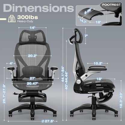 ELABEST X100 Ergonomic Office Chair with Footrest, Big and Tall Home Desk Chair with 5D Flip-Up Arms, Adjustable 3D Adaptive Lumbar Support,High Back Rolling Computer Chair, Swivel Gaming Mesh Chairs