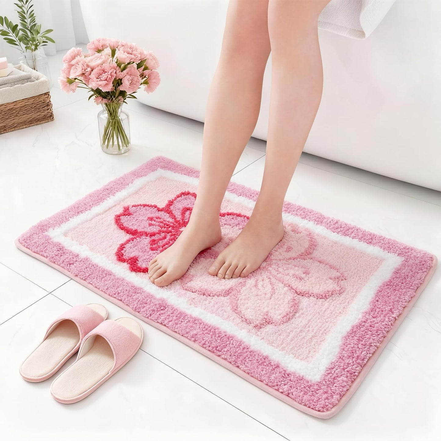 Boao Cherry Bath Mat Blossom Pink Flower Tufted Bathroom Rug Non Slip Soft Absorbent Tufted Cute Cherry Bathroom Accessories Decor for Bedroom Kitchen Floor Tub Shower Sink, 24 x 16 Inches