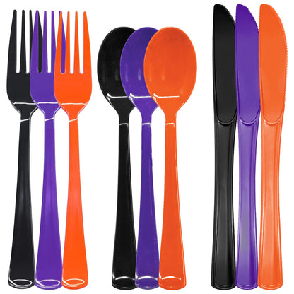 153 Pcs Halloween Plastic Silverware Heavy Duty Disposable Tableware Sets Includes Spoons Forks Knives for Halloween Party Supplies (Black Orange Purple)