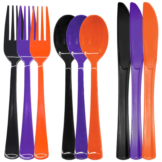 153 Pcs Halloween Plastic Silverware Heavy Duty Disposable Tableware Sets Includes Spoons Forks Knives for Halloween Party Supplies (Black Orange Purple)