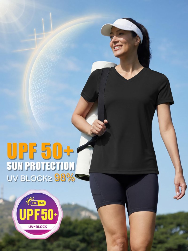MAGCOMSEN Shirts for Women V Neck Workout Tops Running Dry Fit Sun Protection Shirt UPF 50 Cooling Exercise Top Black L
