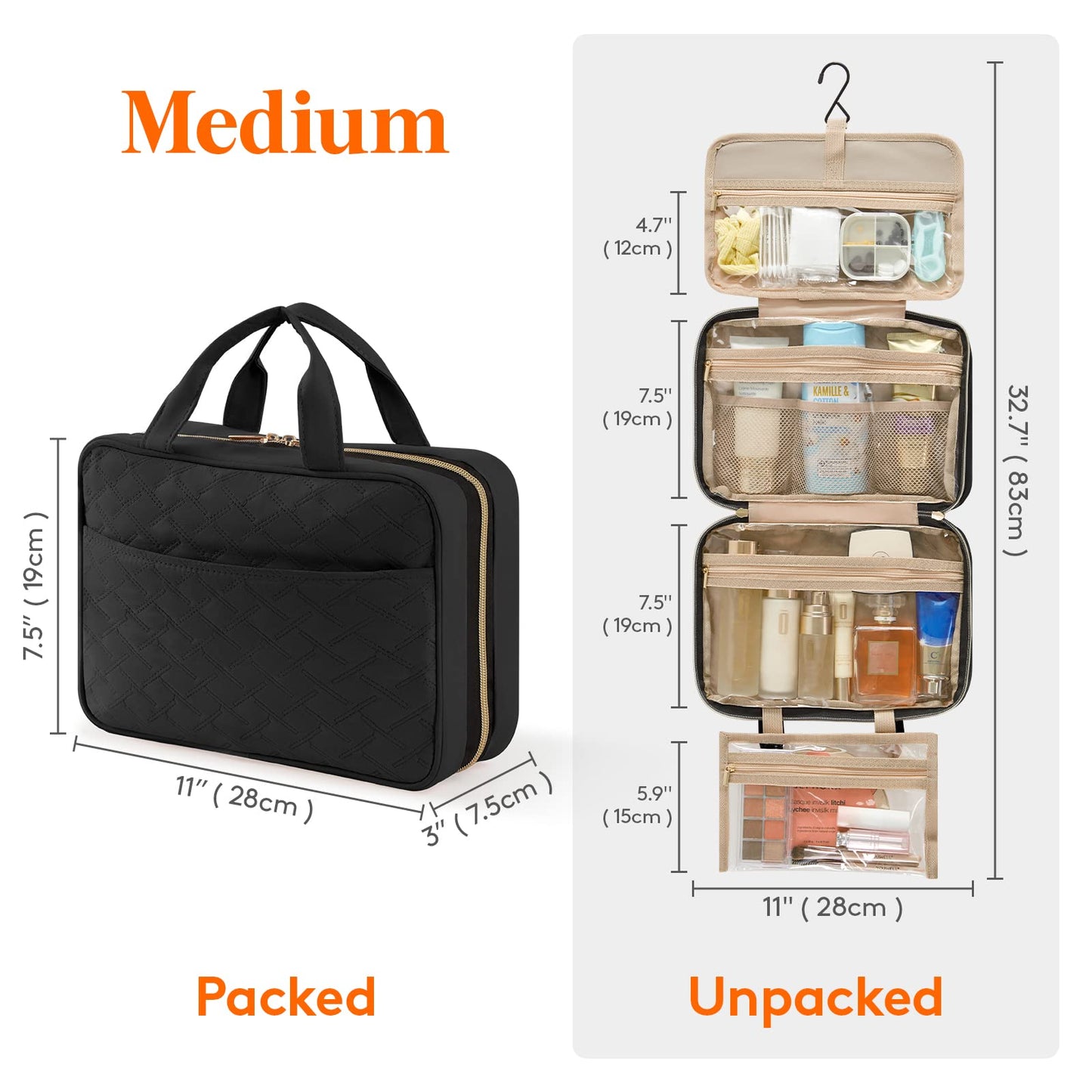 Lifewit Travel Toiletry Bag, Large Hanging Makeup Bag Organizer for Women, Transparent Travel Cosmetic Bag with Hanging Hook for Full Size Bottles, Vacation Essentials, Medium, Black