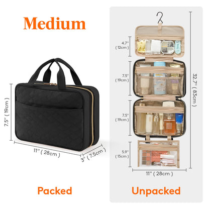 Lifewit Travel Toiletry Bag, Large Hanging Makeup Bag Organizer for Women, Transparent Travel Cosmetic Bag with Hanging Hook for Full Size Bottles, Vacation Essentials, Medium, Black