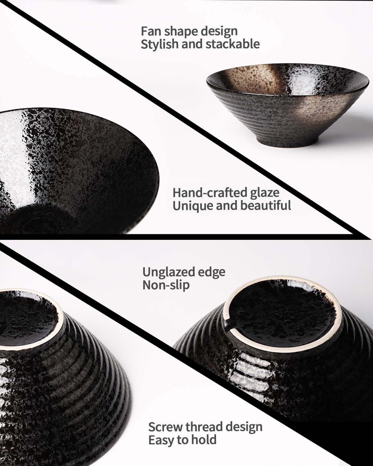 Kanwone Ceramic Japanese Ramen Bowl Set, Noodle Soup Bowls - 37 Ounce, with Matching Spoons and Chopsticks for Udon Soba Pho Asian Noodles, Set of 2, Black