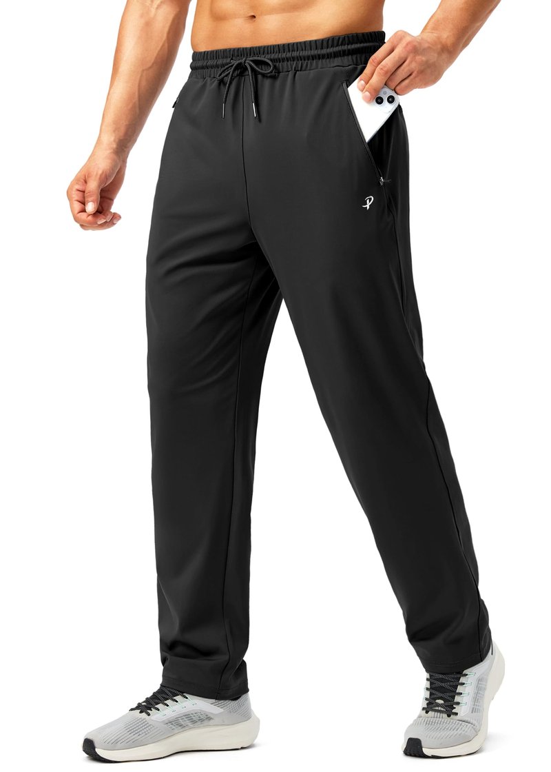 Pudolla Men's Sweatpants with Zipper Pockets Stretch Athletic Gym Pants Open Bottom for Running Casual Lounge Wear(Black Large)