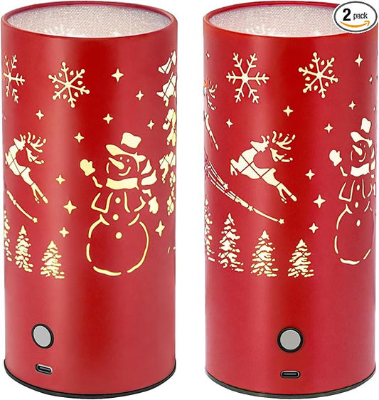 Christmas Table Lamp with Hollow-Out Design - Rechargeable Touch Control Dual Color LED, Warm/Cool White Metal Decor for Home Desk Party, 1200mAh Battery - 2pack(Red)
