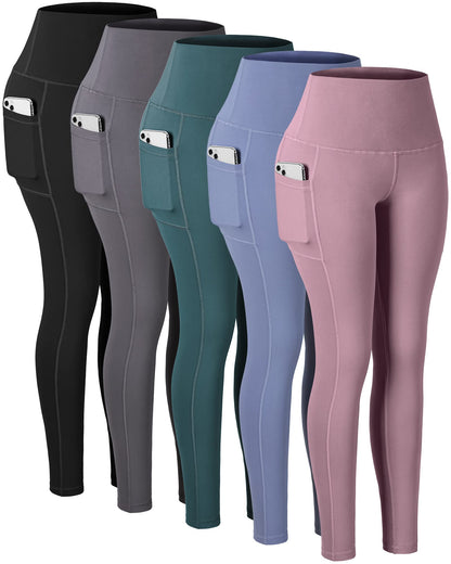 CHRLEISURE Leggings with Pockets for Women, High Waisted Tummy Control Workout Yoga Pants(5 Packs Black,Gray,Pink,Blue,Green, L)