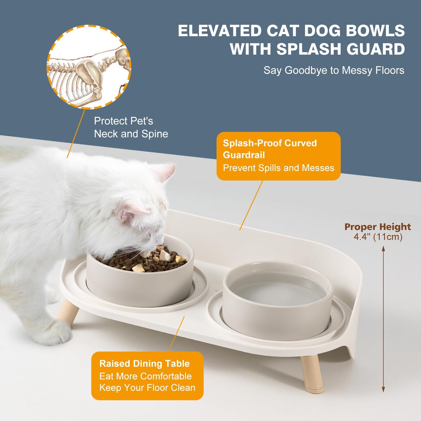 AHX Cat Food Water Bowl Set - Raised Cat Bowls with Non Slip Stand - Elevated Puppy Bowls for Small Dogs - Double Ceramic Cat Feeding Bowls with Splash Proof Guard - Tall Cat Dishes