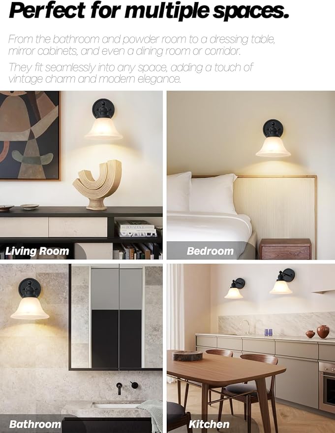 Black Wall Sconce, Vintage Bathroom Vanity Light with Milk Glass Modern Sconces Wall Lighting for Living Room Bedroom Kitchen Hallway Stairway E26 Hardwire Indoor