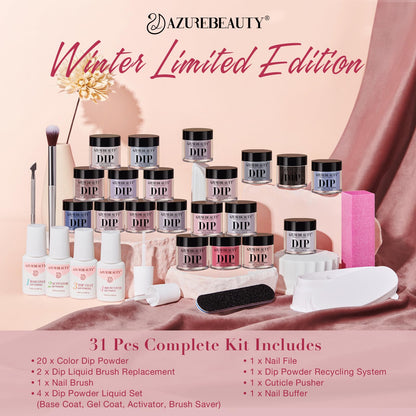 AZUREBEAUTY 31 Pcs Dip Powder Nail Kit 20 Colors Glitter Nude Brown Pink White Gray Dip Powder Liquid Set with Top/Base Coat Activator for French Nails Art Manicure DIY Salon Women Valentine's Gift