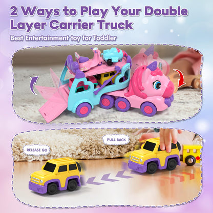 Lehoo Castle Toddler Toys for 1 2 3 Year Old Girls, Unicorn Gifts for Girls, 2 Year Old Cars Toys for kids, Birthday Gifts Carrier Truck with Light & Music