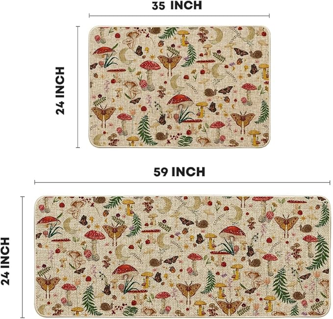 Artoid Mode Mushrooms Butterfly Spring Kitchen Mats Set of 2, Home Decor Low-Profile Kitchen Rugs for Floor - 24x35 and 24x59 Inch
