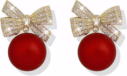 ecozran Sparkling Red Bow Earrings for Women Teardrop Jewelry Gifts Rhinestone Chain Tassel Earring Christmas Gifts（Red-Q）