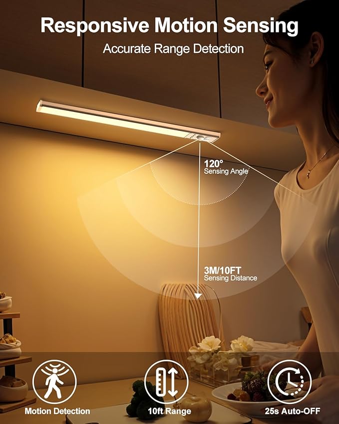 Under Cabinet Lighting, LED Motion Sensor Light Indoor with 3 Color Dimmable, 2000mAh Battery Operated Closet Lights Rechargeable Lamp, Magnetic Under Counter Night Lights Used in Cabinet (12 inches)