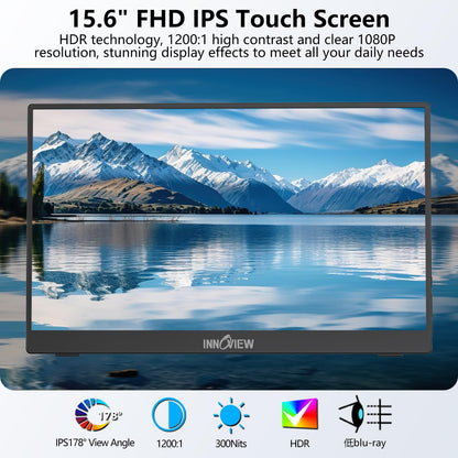 InnoView Portable Monitor Touchscreen 15.6" 1080P 10-Point Touch Screen Monitor Portable with Protective Sleeve Built-in Stand, 1200:1 HDMI USB C Travel Monitors for Laptop, PC, Phone