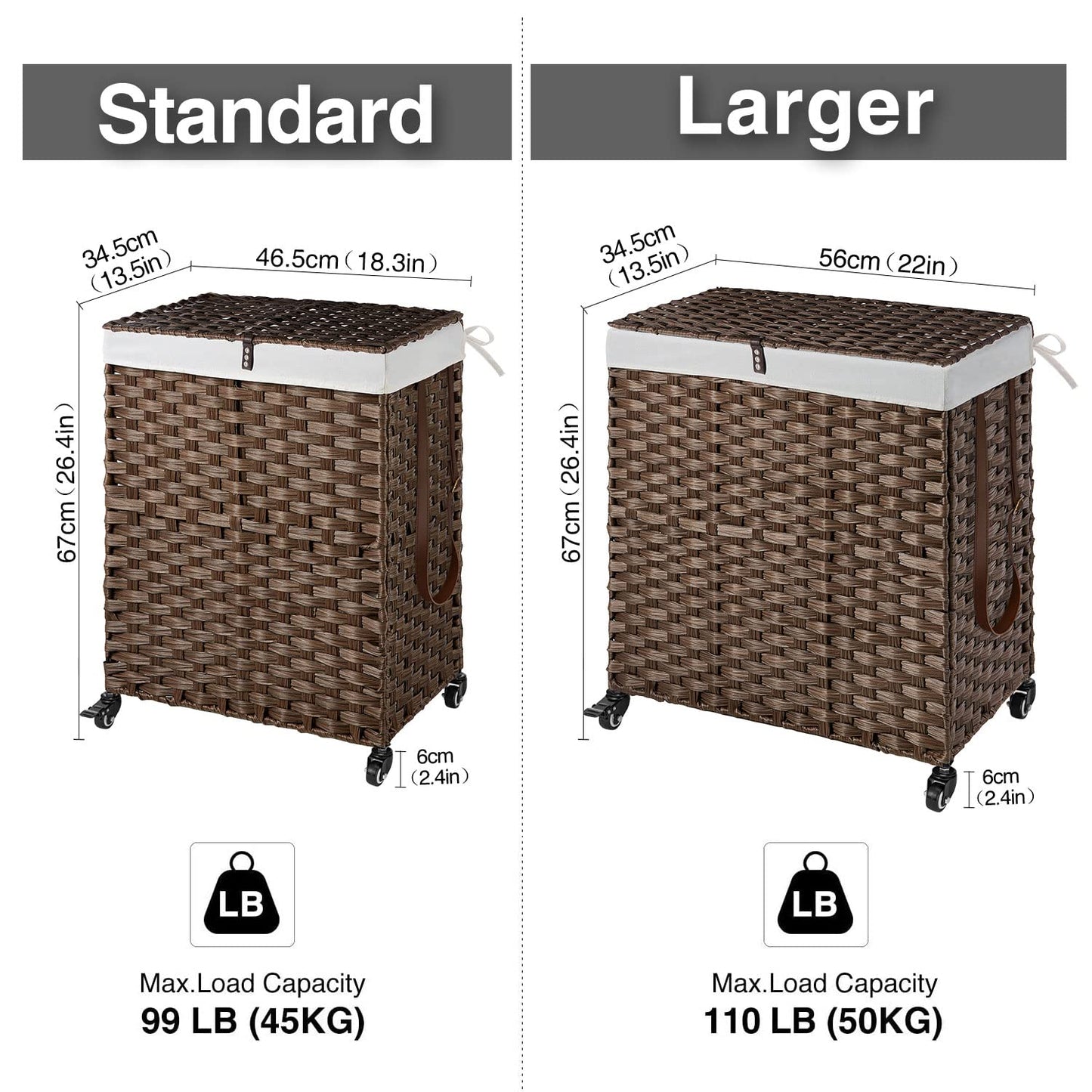 Greenstell Laundry Hamper with Wheels, No Install Needed, 110L Divided Handwoven Hampers & 2 Removable Liner Bags, Rattan Clothes Laundry Basket with Lid & Handles, Foldable Hampers Brown 22x13x26.4In