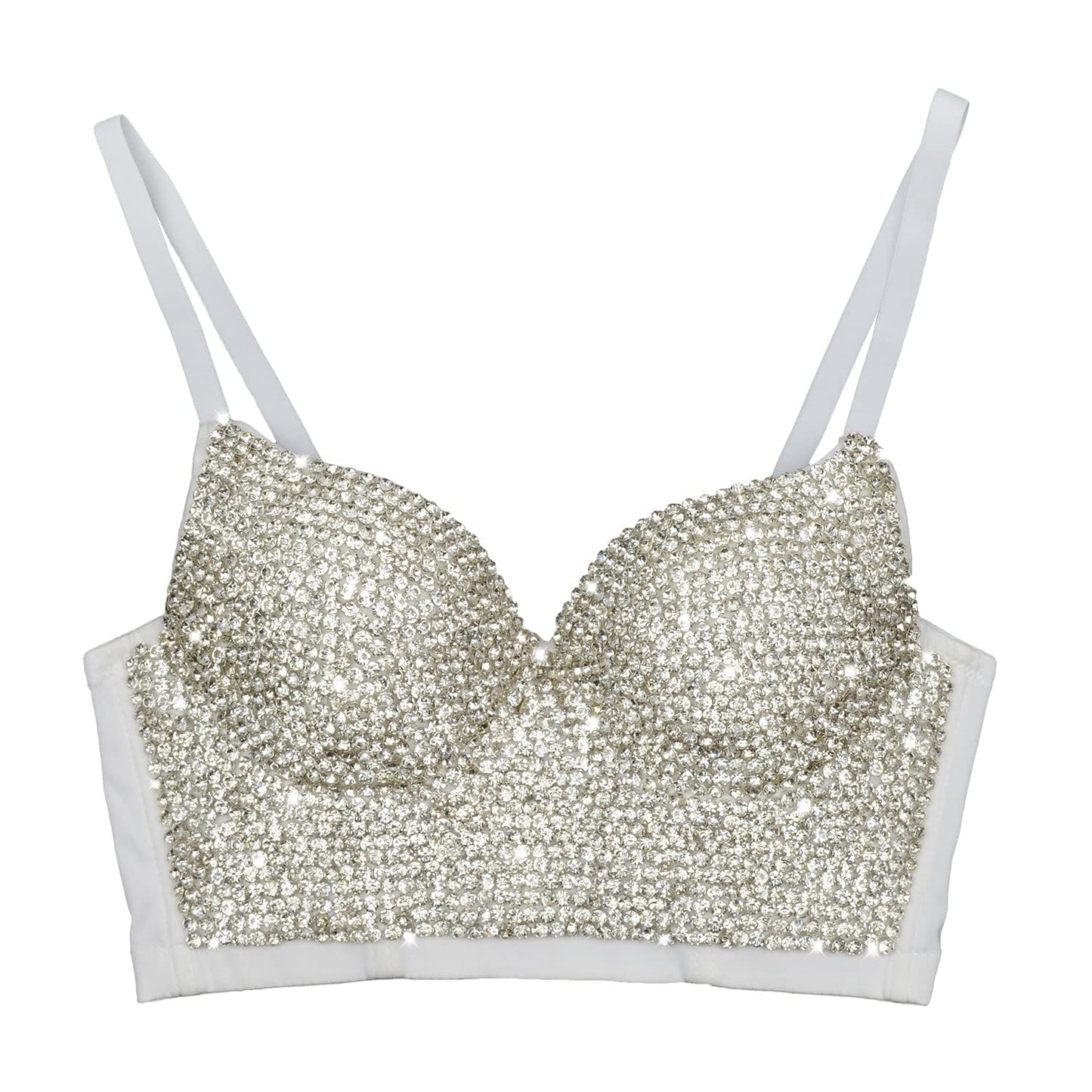 ELLACCI Women's Rhinestone Diamond Push up Bustier Crop Top Sexy Punk Corset Bra White Medium