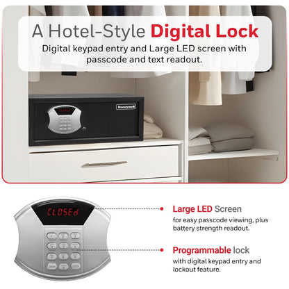 Honeywell Safes & Door Locks - Hotel Room Style Safe Box with Digital Lock - Fits 17" Laptop - LED Display Panel - Low Profile Steel Security Personal Safe for Money - 1.14 Cubic Feet - Black - 5105DS