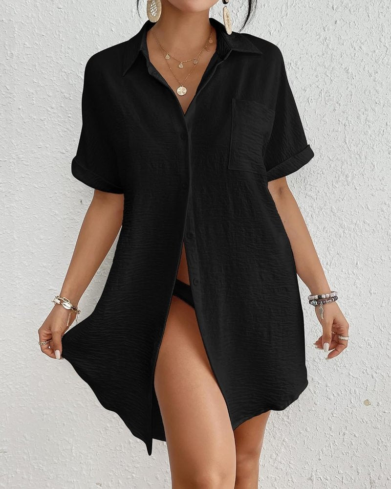 Bsubseach Women Swimsuit Coverup Shirt Dress Button Down Bathing Suit Cover Up Beach Vacation Outfits Black L