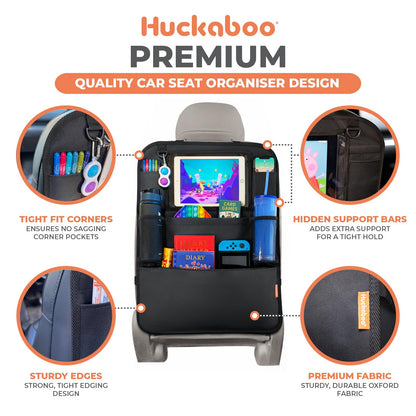 Huckaboo Car Seat Organiser - Kids Back Seat Organiser, Storage Pockets, Screen Holder, Black, 1 Pack