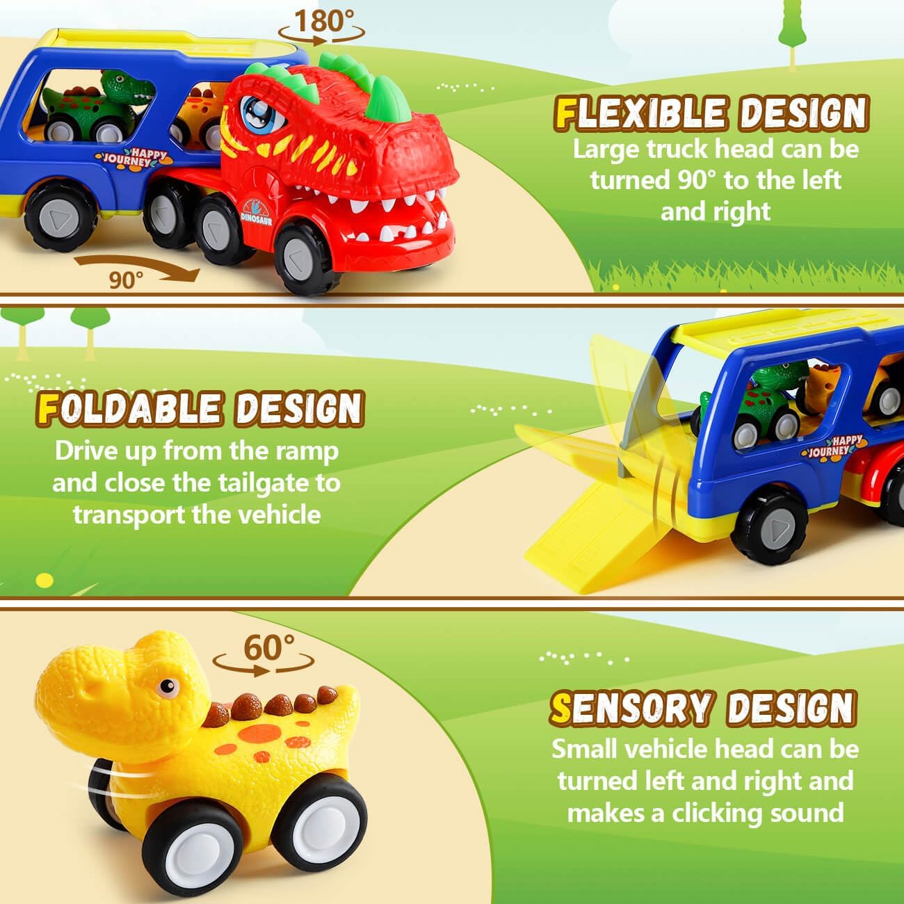 KmmiFF Monster Truck and Dinosaur Car Toys for Toddlers 2-5 Years Old - 5-Piece Pull Back Cars Set - Birthday Gifts for Boys and Girls