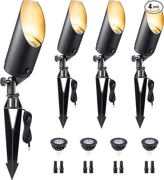 Gardenreet Brass Landscape Lighting - Black Low Voltage Outdoor Spotlights, Wired LED Uplights 12V, Waterproof Spot Lights for Outside Trees with 5W 5000K Daylight MR16 Bulb (4 Pack)
