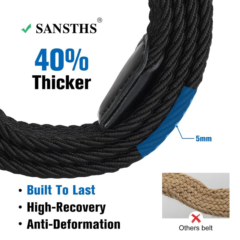 SANSTHS 2 Pack Stretch Braided Elastic Belt for Men, 1 3/8" Elastic Woven Belts Mens Stretch Belt for Casual Golf Jeans, 2 Pack – Blue White & Black