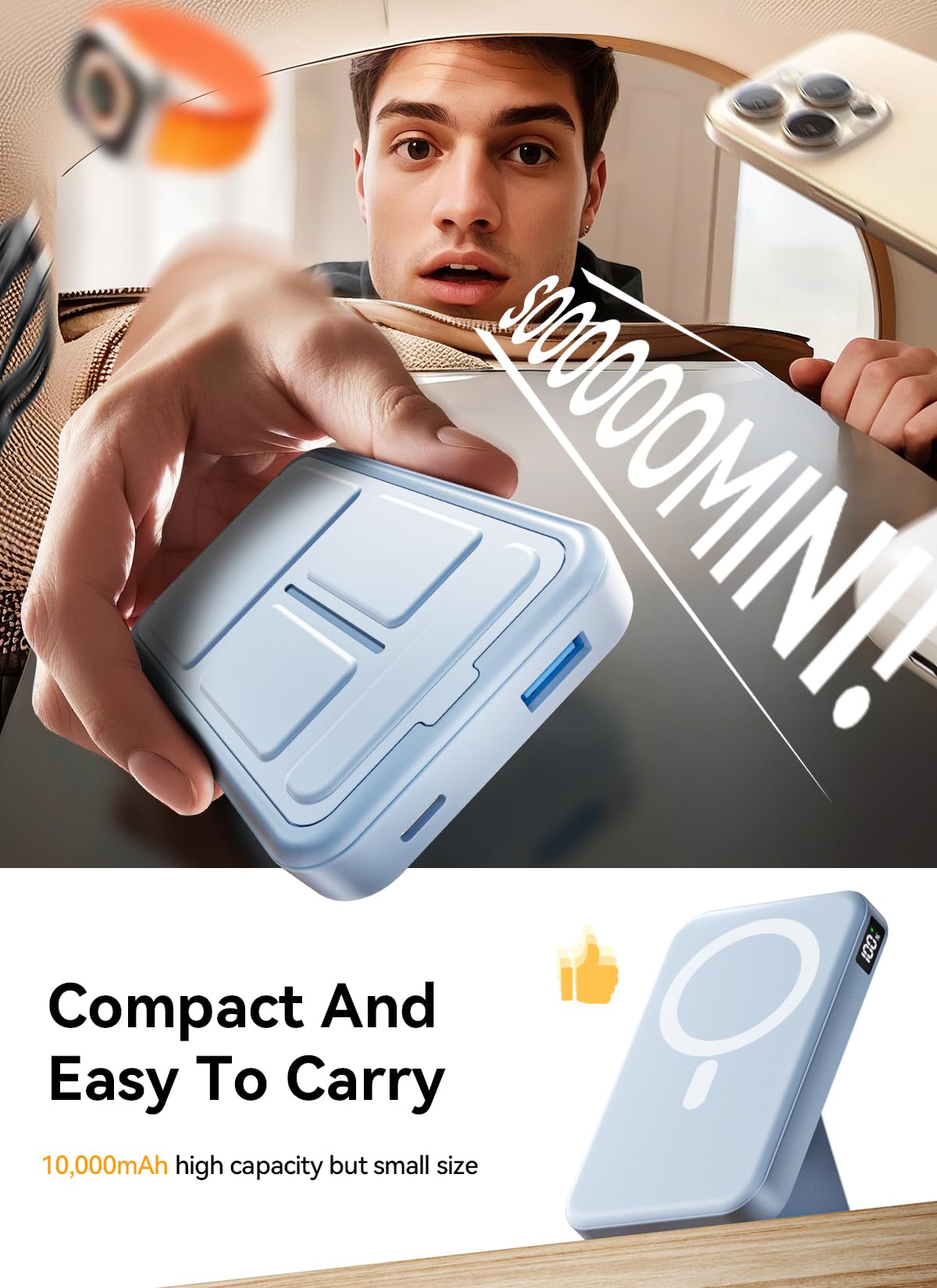 Magnetic Portable Charger, 10000mAh Wireless Power Bank with 20W USB-C Fast Charging, Foldable Stand & LED Display Magnetic Battery Pack, Compatible with iPhone 16/15/14/ All Series