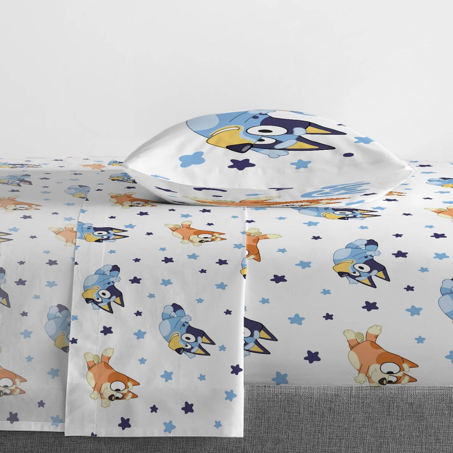 Jay Franco Bluey & Bingo Toddler Comforter Set - 4 Piece Bed Set Includes Sheet Set & Pillow Covers - Super Soft Clouds & Stars Kids Bedding