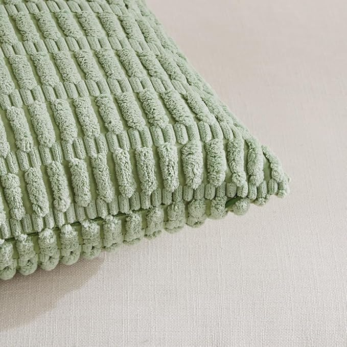 Fancy Homi Sage Green Decorative Throw Pillow Covers 16x16 Inch for Living Room Couch Bed Sofa, Soft Striped Corduroy Square Cushion Case 40x40 cm, Rustic Farmhouse Boho Home Decor