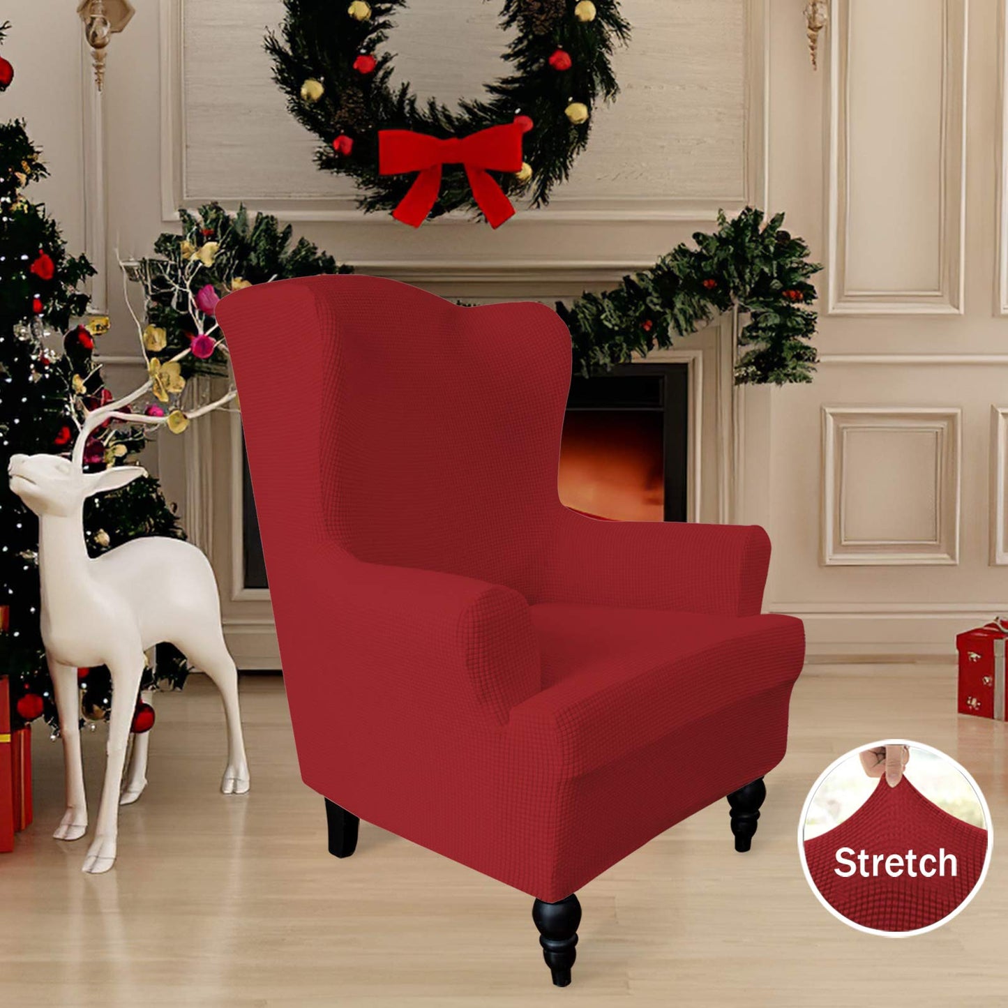Easy-Going Stretch Wingback Chair Sofa Slipcover 1-Piece Sofa Cover Furniture Protector Couch Soft with Elastic Bottom Polyester Spandex Jacquard Fabric Small Checks(Wing Chair,Christmas Red)