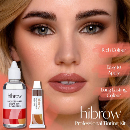Hi Brow Professional Tinting Kit - Eyebrow Dye Full Size Set - 15ml Tint, 50ml Tint Developer, Glass Mixing Dish, Dual End Brush, Mascara Wand, Orange Wood Stick (Dark Brown)