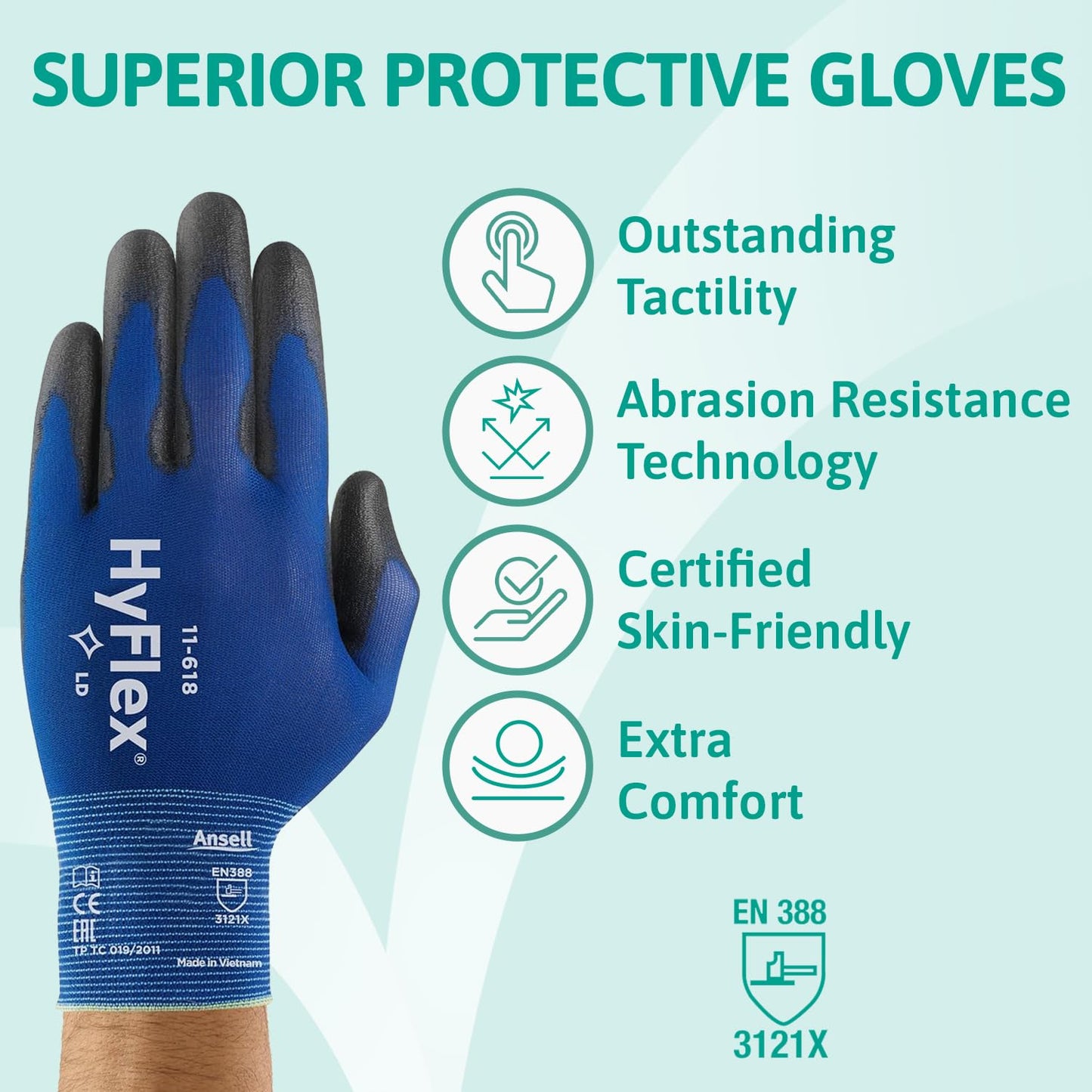 Ansell HyFlex 11-618 Mechanics Gloves, Abrasion-Resistant PU Coating Protective Gloves, Safety Gloves for Precision Handling, Touchscreen Compatible Blue Gloves, Ultra-Thin Work Gloves Large, 12 Pairs