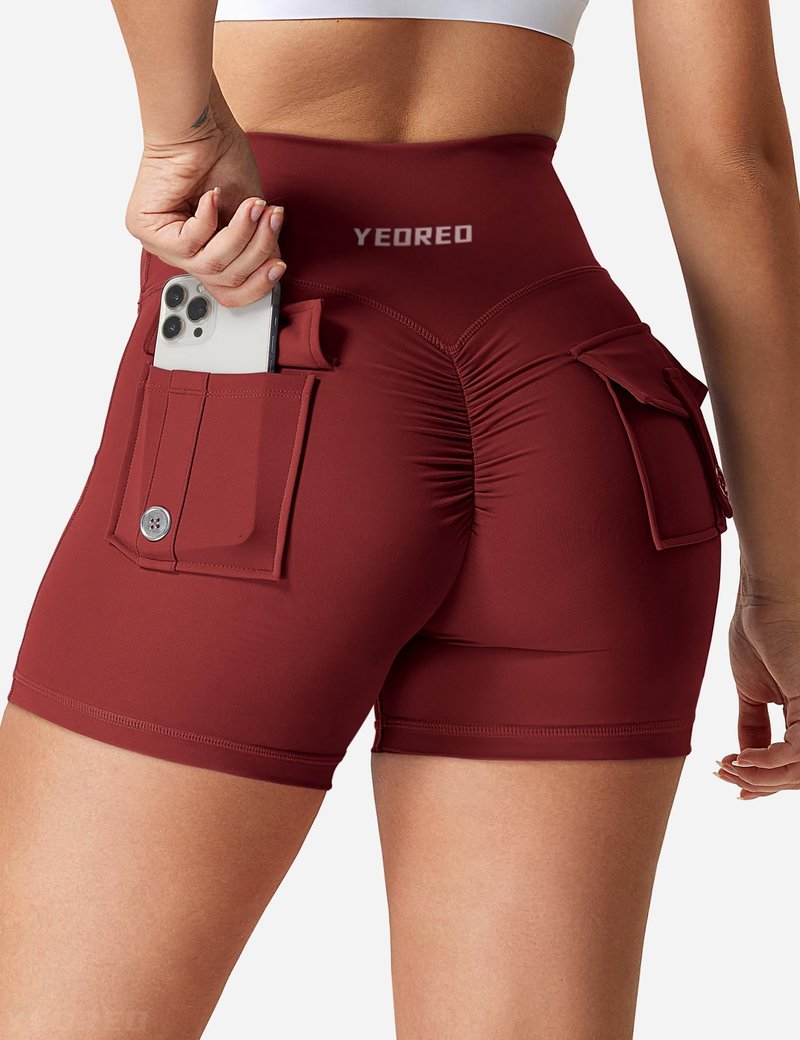 YEOREO Women's High Waisted Scrunch Workout Shorts with Pocket - Deep Burgundy, Size Large